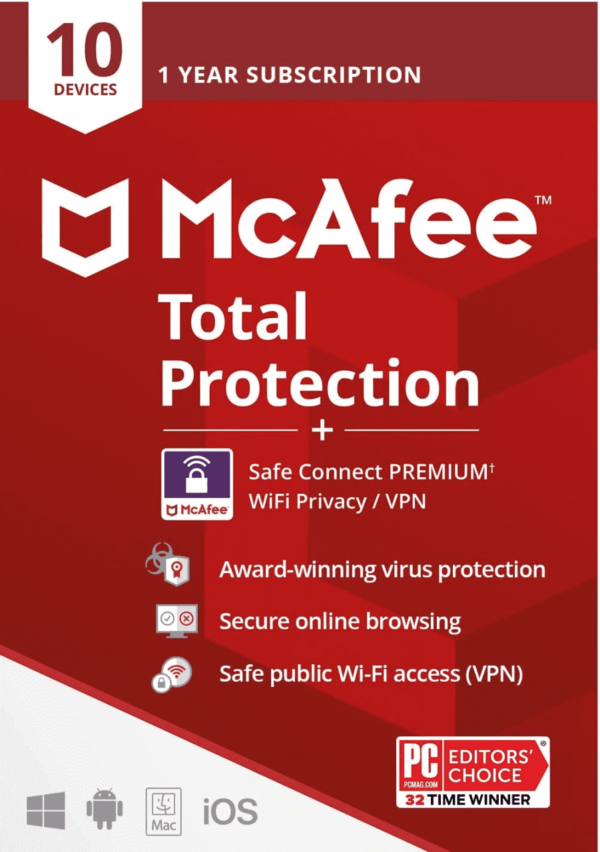 McAfee Total Protection with Safe Connect VPN 2023 10 Devices 1 Jahr